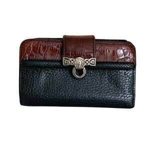 Vintage Brighton Black & Brown Leather Wallet Croc Embossed Snap Closure Compact